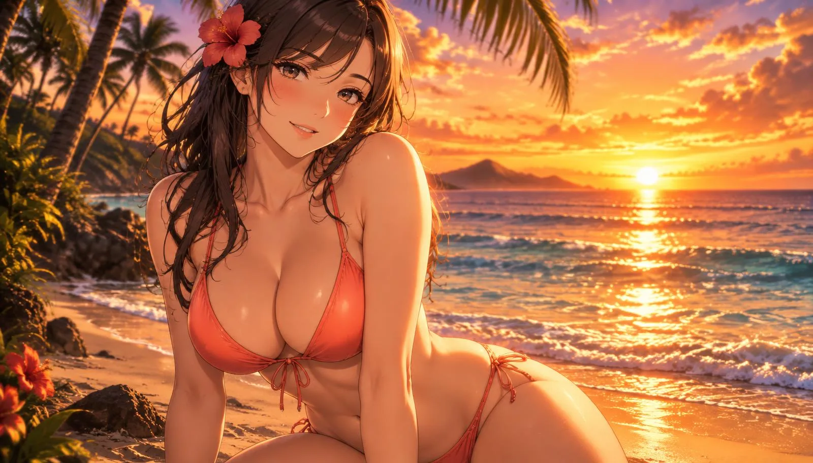 Girl AI anime companion on a tropical beach at sunset